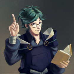 Rule 34 | 1boy, book, facial hair, fire emblem, fire emblem fates, glasses, green eyes, green hair, holding, holding book, index finger raised, japanese clothes, male focus, nintendo, painting (medium), simple background, solo, stubble, traditional media, watercolor (medium), watermark, web address, yukimura (fire emblem)
