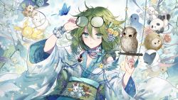Rule 34 | 1girl, alpaca, antenna hair, artist request, bags under eyes, bare shoulders, benghuai xueyuan, bird, blue butterfly, blue nails, bracelet, bug, butterfly, cat, closed mouth, dog, doll, eyewear on head, flower, glasses, green eyes, green hair, hair between eyes, hair flower, hair ornament, highres, holding, homu (honkai impact), honkai (series), insect, japanese clothes, jewelry, kangaroo, kimono, kitten, long hair, long sleeves, looking at viewer, nail polish, official art, owl, panda, puppy, reindeer, seal (animal), sheep, smile, solo, stuffed animal, stuffed toy, yssring leavtruth