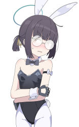 Rule 34 | 1girl, animal ears, bare shoulders, black gloves, black hair, black leotard, blue archive, blunt bangs, blush, breasts, brown eyes, cleavage, commentary request, fingerless gloves, glasses, gloves, groin, halo, highres, leotard, looking at viewer, millennium science school student, nose blush, nyaru (nyaru 4126), pantyhose, parted lips, playboy bunny, ponytail, rabbit ears, rabbit tail, round eyewear, simple background, small breasts, solo, strapless, strapless leotard, sweat, tail, v-shaped eyebrows, white background, white pantyhose, wrist cuffs