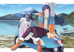Rule 34 | 1girl, absurdres, blue hair, boots, border, closed mouth, coat, cup, day, fur-trimmed boots, fur trim, hat, highres, holding, holding cup, knit hat, lake, leggings, long hair, long sleeves, looking at viewer, motor vehicle, mount fuji, mountainous horizon, outdoors, outside border, pinky out, pleated skirt, purple eyes, scarf, scooter, shima rin, sidelocks, sitting, skirt, smile, solo, wen hao lai, white border, winter clothes, winter coat, yurucamp