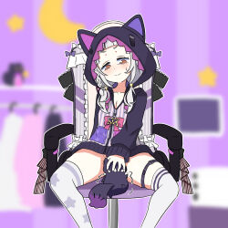 1girl animal_ears animal_hood blurry blurry_background blush bottomless cat_hood chair closed_mouth commentary cunnilingus drinking_pee fake_animal_ears femdom forced gaming_chair hair_ornament highres hololive hood hooded_jacket hoodie jacket kusogaki long_sleeves looking_down mascot murasaki_shion no_panties official_alternate_costume oral orange_eyes patterned_legwear pee peeing peeing_in_mouth purple_hoodie sadism sitting sleeves_past_wrists smirk spread_legs star_(symbol) star_hair_ornament struggling swivel_chair thigh_strap thighhighs virtual_youtuber white_hair