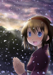 Rule 34 | 1girl, alice margatroid, blonde hair, blue eyes, female focus, hair ornament, hairband, japanese clothes, kannazuki hato, open mouth, outdoors, own hands clasped, own hands together, short hair, sky, smile, snow, snowing, solo, touhou