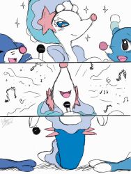 Rule 34 | animal focus, brionne, creatures (company), dated, evolutionary line, game freak, gem, gen 7 pokemon, hair ornament, long hair, microphone, music, musical note, nintendo, no humans, open mouth, pearl (gemstone), pokemon, pokemon (creature), popplio, primarina, singing, smile, spikes, starfish, starfish hair ornament, very long hair, winick-lim