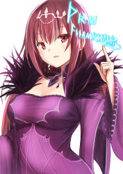 Rule 34 | 1girl, absurdres, dress, fate/grand order, fate (series), finger writing, fur trim, highres, long hair, looking at viewer, purple dress, purple hair, red eyes, runes, scathach (fate), scathach skadi (fate), shibakame, simple background, smile, solo, tiara, upper body, white background