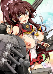 Rule 34 | 10s, 1girl, blush, bouncing breasts, breasts, breasts out, brown eyes, brown hair, cannon, cherry blossoms, clothes lift, embarrassed, flower, hair flower, hair ornament, kantai collection, long hair, machinery, nipples, nolia, open mouth, panties, pantyshot, ponytail, shirt, skirt, skirt lift, solo, standing, torn clothes, torn shirt, turret, underwear, wavy mouth, yamato (kancolle)