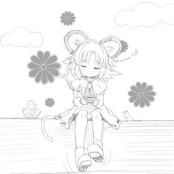 Rule 34 | 1girl, animal ears, basket, closed eyes, female focus, greyscale, ishikkoro, monochrome, mouse (animal), mouse ears, musical note, nazrin, short hair, sitting, smile, solo, tail, touhou