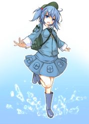 Rule 34 | 1girl, backpack, bad id, bad pixiv id, bag, blue eyes, blue hair, boots, female focus, hair bobbles, hair ornament, hat, highres, kawashiro nitori, long sleeves, looking at viewer, maru-pen, matching hair/eyes, open mouth, outstretched arms, pocket, rubber boots, shirt, skirt, solo, splashing, standing, standing on one leg, touhou, twintails, two side up
