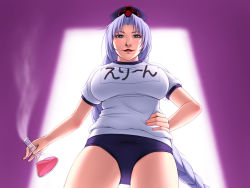 Rule 34 | 1girl, alternate costume, breasts, character name, erlenmeyer flask, female focus, flask, from below, gym uniform, large breasts, lips, long hair, silver hair, solo, touhou, tripleeight, yagokoro eirin