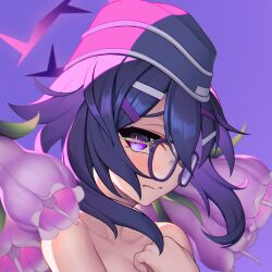 Rule 34 | 1girl, bare shoulders, bespectacled, blue archive, blush, closed mouth, commentary, garrison cap, glasses, hair between eyes, hair ornament, hairclip, halo, haruka (blue archive), hat, highres, looking at viewer, portrait, purple-framed eyewear, purple eyes, purple hair, purple halo, rotix, simple background, solo, upper body
