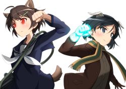 Rule 34 | 2girls, absurdres, animal ears, black eyes, black hair, blouse, blue sailor collar, blue shirt, brave witches, brown gloves, brown hair, brown jacket, carrying, clenched hand, closed mouth, dog ears, dog tags, fringe trim, frown, gloves, glowing, glowing eyes, glowing fist, green scarf, gun, hair ornament, hairclip, highres, holding, holding gun, holding weapon, jacket, kanno naoe, karibuchi hikari, long sleeves, looking to the side, multiple girls, open clothes, open jacket, orange scarf, red eyes, sailor, sailor collar, scarf, shirt, short hair, simple background, smile, strike witches, tricky 46, weapon, white background, white neckwear, world witches series