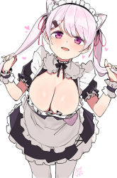 Rule 34 | 1girl, alternate costume, animal ears, apron, black dress, blush, breasts, cat ears, cleavage, dated, dress, enmaided, hair ornament, hair ribbon, hairclip, heart, highres, holding, holding own hair, large breasts, leaning forward, long hair, looking at viewer, maid, maid headdress, nijisanji, open mouth, pantyhose, pink eyes, pink hair, ribbon, rkrk, shiina yuika, shiina yuika (5th costume), signature, simple background, solo, twintails, virtual youtuber, white apron, white background, white pantyhose