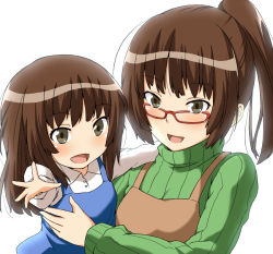 Rule 34 | 2girls, age difference, aged up, amagami, blush, brown eyes, brown hair, child, glasses, green shirt, happy, if they mated, kamizaki risa, long hair, mother and daughter, multiple girls, open mouth, ponytail, red-framed eyewear, shirt, shouji nigou, smile, sweater