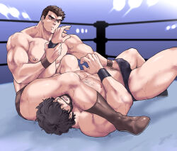 Rule 34 | 2boys, bara, black hair, black male underwear, boots, bulge, closed mouth, earrings, facial hair, groping, hair over eyes, hand under clothes, holding another&#039;s wrist, jewelry, large pectorals, lying, male focus, male pubic hair, male underwear, multiple boys, muscular, muscular male, nipple piercing, on back, open mouth, original, owariya ranko, pectorals, piercing, pubic hair, short hair, sweat, sweatdrop, translation request, underwear, wrestling, wrestling ring, wristband, yaoi