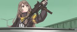 Rule 34 | armband, black gloves, black jacket, brown eyes, brown hair, commentary request, fingerless gloves, girls&#039; frontline, gloves, gun, h&amp;k ump, h&amp;k ump, holding, holding gun, holding weapon, jacket, long hair, long sleeves, one side up, open clothes, open jacket, outdoors, parody, scene reference, shirt, solo, submachine gun, tab (tabkun), the matrix, traffic light, ump45 (girls&#039; frontline), weapon, white shirt