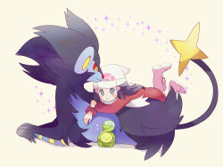 Rule 34 | 1girl, beanie, black hair, blush, boots, budew, closed mouth, coat, commentary request, creatures (company), dawn (pokemon), game freak, gen 4 pokemon, grey eyes, hair ornament, hairclip, hat, long hair, long sleeves, luxray, lying, nintendo, on stomach, pink footwear, pokemon, pokemon (creature), pokemon dppt, pokemon platinum, popcorn 91, red coat, scarf, smile, sparkle, white headwear, white scarf