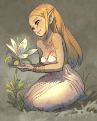 Rule 34 | 1girl, backless dress, backless outfit, bare shoulders, blonde hair, blue eyes, bracer, breasts, cleavage, dress, flower, full body, highres, jewelry, long dress, long hair, long pointy ears, medium breasts, necklace, nintendo, no bra, nose, pointy ears, princess zelda, seiza, silent princess, sitting, solo, strapless, strapless dress, the legend of zelda, the legend of zelda: breath of the wild, white dress, xaxaxa