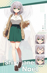 1girl bag brown_footwear brown_jacket character_name closed_mouth collared_shirt expressions full_body green_eyes green_skirt grey_hair hololive jacket long_sleeves looking_at_viewer mauve medium_hair open_clothes open_jacket shirogane_noel shirt shoes shoulder_bag skirt smile socks standing virtual_youtuber white_shirt white_socks