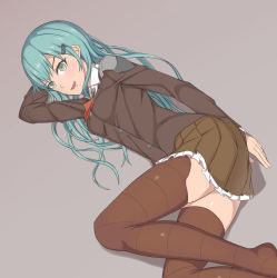 Rule 34 | 10s, aqua hair, blush, green eyes, grey background, intirami, kantai collection, long hair, looking at viewer, lying, on side, skirt, solo, suzuya (kancolle), thighhighs, thighs
