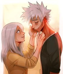 Rule 34 | 1boy, 1girl, adam&#039;s apple, blue eyes, boku no hero academia, burn scar, chalseu, dabi (boku no hero academia), ear piercing, earrings, eyebrows, eyelashes, hand on another&#039;s face, happy, height difference, highres, jewelry, long hair, mother and son, pale skin, piercing, scar, scar on face, short hair, spiked hair, spoilers, todoroki rei, todoroki touya, white hair