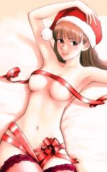 Rule 34 | 1girl, areola slip, armpits, bad id, bad pixiv id, bed, bed sheet, breasts, brown eyes, christmas, cleavage, collarbone, convenient censoring, hand on own head, hat, highres, light brown hair, light smile, lips, looking at viewer, mmelica, naked ribbon, navel, original, outstretched arm, pink thighhighs, ribbon, santa hat, solo, thighhighs, underboob