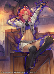 Rule 34 | 1girl, commentary request, company connection, company name, copyright name, dark-skinned female, dark skin, fire emblem, fire emblem: three houses, fire emblem cipher, hapi (fire emblem), miniskirt, nintendo, official art, pink hair, purple thighhighs, short hair, sitting, skirt, sleeves rolled up, solo, stomach, thighhighs, umiu geso