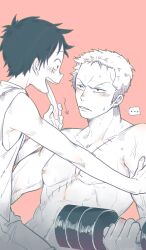 Rule 34 | ..., 2boys, abs, barbell, blush, boy on top, earrings, exercising, greyscale with colored background, highres, jewelry, long tongue, looking at another, male focus, moko (gloriaaaaaa), monkey d. luffy, multiple boys, muscular, muscular male, one piece, roronoa zoro, scar, scar on chest, short hair, sideburns, single earring, smile, spoken ellipsis, spot color, straddling, sweat, tongue, tongue out, topless male, upper body, very long tongue, weightlifting, yaoi
