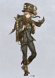 Rule 34 | 1boy, animal, backpack, bad id, bad pixiv id, bag, blue eyes, brown hair, cat, feathers, full body, hat, hat feather, looking at viewer, male focus, munashichi, original, short hair, signature, simple background, solo, standing, steampunk, top hat