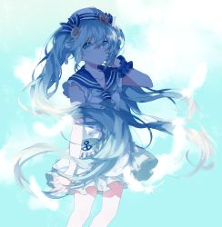 Rule 34 | 1girl, absurdres, adapted costume, blue eyes, blue hair, dress, frills, hat, hatsune miku, highres, light particles, long hair, looking at viewer, migolu, ribbon, sailor collar, sailor dress, sailor hat, simple background, solo, twintails, very long hair, vocaloid, wrist cuffs
