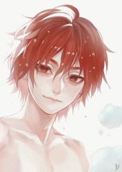 Rule 34 | 1boy, closed mouth, commentary request, copyright request, hair between eyes, highres, looking at viewer, male focus, murasaki (fioletovyy), nude, red eyes, red hair, signature, smile, solo, water, wet, wet hair