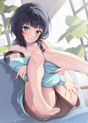 Rule 34 | 1girl, absurdres, asaka karin, bare legs, bare shoulders, barefoot, black hair, blue eyes, blue sweater, blurry, blurry background, blush, bra strap, brown shorts, closed mouth, collarbone, commentary request, couch, day, dutch angle, feet, fingernails, foot out of frame, hand on own arm, hand on own thigh, head tilt, highres, hugging own legs, indoors, knees together feet apart, legs up, light particles, long sleeves, looking at viewer, love live!, love live! nijigasaki high school idol club, medium hair, off-shoulder sweater, off shoulder, oku 1225, on couch, plant, shorts, sitting, smile, soles, solo, strap slip, sweater, toes