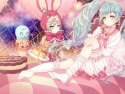 Rule 34 | 2girls, animal hood, aqua eyes, aqua hair, artist request, bed, blush, collared shirt, commentary request, dress, dual persona, food, frilled dress, frilled skirt, frilled sleeves, frills, gloves, hatsune miku, heart, hood, hoodie, ice cream, ice cream cone, lol -lots of laugh- (vocaloid), long hair, long sleeves, looking at viewer, multiple girls, non-web source, open mouth, pancake, rabbit hood, red gloves, red ribbon, ribbon, shirt, short sleeves, skirt, twintails, very long hair, vocaloid
