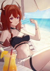 Rule 34 | 1girl, absurdres, aoi tooru, arknights, arm strap, bare shoulders, beach, beach umbrella, bikini, black bikini, bracelet, breasts, cleavage, closed mouth, collar, cup, drink, drinking glass, drinking straw, food, fruit, highres, holding, holding food, horns, jewelry, knee up, lemon, lemon slice, long hair, lying, medium breasts, nail polish, navel, necklace, ocean, on back, popsicle, purple eyes, red hair, red nails, ring, short shorts, shorts, smile, solo, surtr (arknights), swimsuit, thigh strap, umbrella, very long hair, water, white shorts
