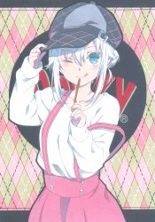 1girl, 310 (garnetsato), ;p, bangs, blue eyes, blush, breasts, cabbie hat, collarbone, copyright name, food, hair between eyes, hand on headwear, hat, highres, holding, holding food, holding pocky, long sleeves, looking at viewer, nail polish, one eye closed, original, pink nails, pocky, shirt, skirt, solo, suspender skirt, suspenders, tied hair, tongue, tongue out, upper body, white hair, white shirt