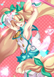Rule 34 | 1girl, arc system works, armpits, aya (min412), bad id, bad pixiv id, bell, blazblue, blazblue: continuum shift, blonde hair, gloves, green eyes, heart, highres, long hair, low-tied long hair, one eye closed, platinum the trinity, quad tails, ribbon, symbol-shaped pupils, two side up, v, wink