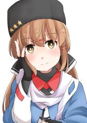 Rule 34 | 1girl, black bow, black gloves, black hat, blue shawl, bow, brown eyes, brown hair, fingerless gloves, fur hat, gloves, hair bow, hand on own cheek, hand on own face, hat, kantai collection, long hair, low twintails, okitarou (okiyo), papakha, red shirt, scarf, shawl, shirt, simple background, solo, tashkent (kancolle), twintails, white background, white scarf