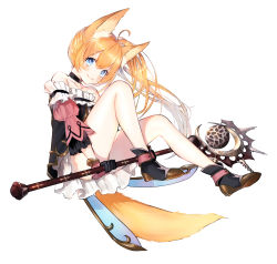 Rule 34 | 1girl, animal ears, bare shoulders, blonde hair, blue eyes, boots, convenient censoring, dog ears, dress, elin, gloves, highres, long hair, side ponytail, smile, solo, staff, tail, tera online, vient, weapon, wings