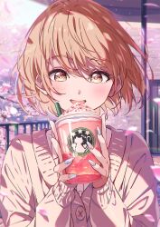 Rule 34 | 1girl, brown eyes, brown hair, brown sweater, cherry blossoms, cup, day, disposable cup, door, facing viewer, falling petals, fence, frappuccino, highres, light blush, long sleeves, medium hair, narumi nanami, open mouth, original, outdoors, petals, sitting, smile, solo, sweater, umbrella, whipped cream