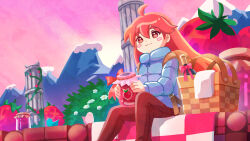 Rule 34 | 1girl, :3, basket, bird, blanket, blue coat, blush stickers, celeste (video game), closed mouth, coat, day, flower, food, fruit, fuwamoko momen toufu, highres, long hair, long sleeves, looking at viewer, madeline (celeste), mountain, outdoors, pants, picnic basket, pillar, red eyes, red hair, red pants, sitting, smile, solo, strawberry