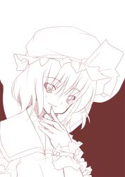 Rule 34 | 1girl, face, female focus, finger to mouth, hat, monochrome, nakamura kusata, remilia scarlet, short hair, solo, touhou, wings, wrist cuffs