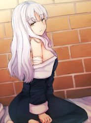 Rule 34 | 1girl, bad id, bad twitter id, bandaged arm, bandages, bare shoulders, brick wall, caren hortensia, clothes down, dress, fate/hollow ataraxia, fate (series), half-closed eyes, jirou (tamaho39), long hair, long sleeves, looking at viewer, nun, parted lips, sitting, solo, white hair, yellow eyes