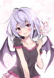 Rule 34 | 1girl, :d, ahoge, alternate costume, bad id, bad twitter id, bat wings, black shirt, blush, bow, branch, breasts, cherry blossoms, collarbone, commentary request, hand up, head tilt, highres, holding, holding branch, hyurasan, light purple hair, looking at viewer, no headwear, open mouth, petals, pink background, pink bow, pink eyes, pink skirt, remilia scarlet, shirt, short hair, short sleeves, sketch, skirt, small breasts, smile, solo, touhou, upper body, wings