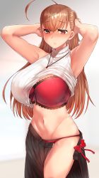 Rule 34 | 1girl, absurdres, ahoge, armpits, bare shoulders, black skirt, blush, bow, bow panties, bra, breasts, brown eyes, brown hair, clothes lift, hair between eyes, hands on own head, highres, jewelry, lace, lace-trimmed bra, lace trim, large breasts, looking at viewer, navel, necklace, neshia (tsaqif0309), nose blush, one breast out, open clothes, open skirt, original, panties, parted lips, ponytail, red bra, red panties, ribbed sweater, skindentation, skirt, sleeveless, sleeveless turtleneck, solo, sweater, sweater lift, turtleneck, underwear, white sweater