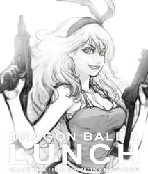 Rule 34 | 1girl, artist name, blurry, breasts, character name, cleavage, copyright name, dragon ball, dual wielding, earrings, eyelashes, green eyes, greyscale, grin, gun, hairband, holding, jewelry, lunch (bad) (dragon ball), lunch (dragon ball), machine pistol, monkey rider, monochrome, smile, solo, spot color, submachine gun, tank top, uzi, weapon