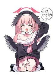 Rule 34 | 1girl, absurdres, arm behind head, black footwear, black shirt, black wings, blue archive, closed eyes, full body, halo, head wings, highres, je o mo, koharu (blue archive), korean text, long hair, long sleeves, low wings, neckerchief, open mouth, pink hair, pink neckerchief, pleated skirt, red halo, red skirt, shirt, shoes, simple background, single off shoulder, sitting, skirt, smile, socks, solo, speech bubble, translation request, twintails, white background, white socks, wings