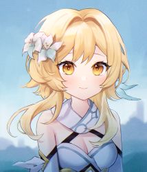 Rule 34 | 1girl, bare shoulders, blonde hair, blue sky, blurry, blurry background, blush, breasts, brown eyes, cleavage, closed mouth, commentary, day, detached sleeves, dress, eyebrows hidden by hair, flower, genshin impact, hair flower, hair intakes, hair ornament, highres, long hair, lumine (genshin impact), medium breasts, nami (nyaa), outdoors, sky, smile, solo, upper body, white dress, white flower