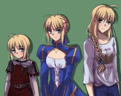 Rule 34 | 3girls, age progression, aged down, aged up, ahoge, alternate costume, artoria pendragon (all), artoria pendragon (fate), blonde hair, braid, cape, casual, dress, fate/stay night, fate (series), green eyes, hair ribbon, highres, long hair, multiple girls, multiple persona, puffy sleeves, ribbon, saber (fate), single braid, tusia