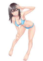 Rule 34 | 1girl, armpits, bent over, bikini, black hair, blue bikini, breasts, cleavage, covered erect nipples, full body, grin, hand on own thigh, leaning forward, long hair, looking at viewer, muffin (sirumeria), original, red eyes, simple background, smile, solo, standing, swimsuit, white background