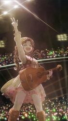 Rule 34 | 1girl, acoustic guitar, ariura kanna, arm up, artist name, blush, boots, bracelet, brown eyes, brown hair, floral print, flower, glowstick, guitar, hair flower, hair ornament, highres, holding, holding instrument, idolmaster, idolmaster cinderella girls, idolmaster cinderella girls starlight stage, instrument, jewelry, knee boots, long hair, long sleeves, open mouth, parted bangs, pink vest, ponytail, shirt, skirt, smile, solo, spotlight, stage, stage lights, unyon, vest, w, white shirt, white skirt