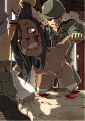 Rule 34 | 1girl, 2boys, abuse, amputee, bandages, beaten, bed, black hair, bleeding, blood, bottomless, breasts, broken, after rape, brown eyes, bruise, censored, clenched teeth, clothes pull, cuts, drooling, erection, forced, grabbing another&#039;s hair, grin, guro, highres, indoors, injury, long hair, maru (314), multiple boys, navel, nipples, no eyes, nosebleed, nude, pain, pants, pants pull, penis, pussy, pussy juice, rape, saliva, sex, shoes, small breasts, smile, snuff, soldier, sweat, tears, teeth, vaginal