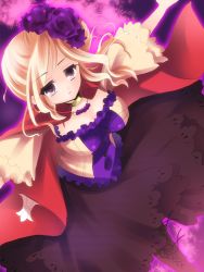 Rule 34 | 1girl, axis powers hetalia, bad id, bad pixiv id, blonde hair, boots, breasts, cape, cleavage, dress, flower, france (hetalia), gender request, genderswap, hair flower, hair ornament, large breasts, nogi takayoshi, outstretched arms, purple eyes, rose, s2007009, shirt, solo, taut clothes, taut shirt